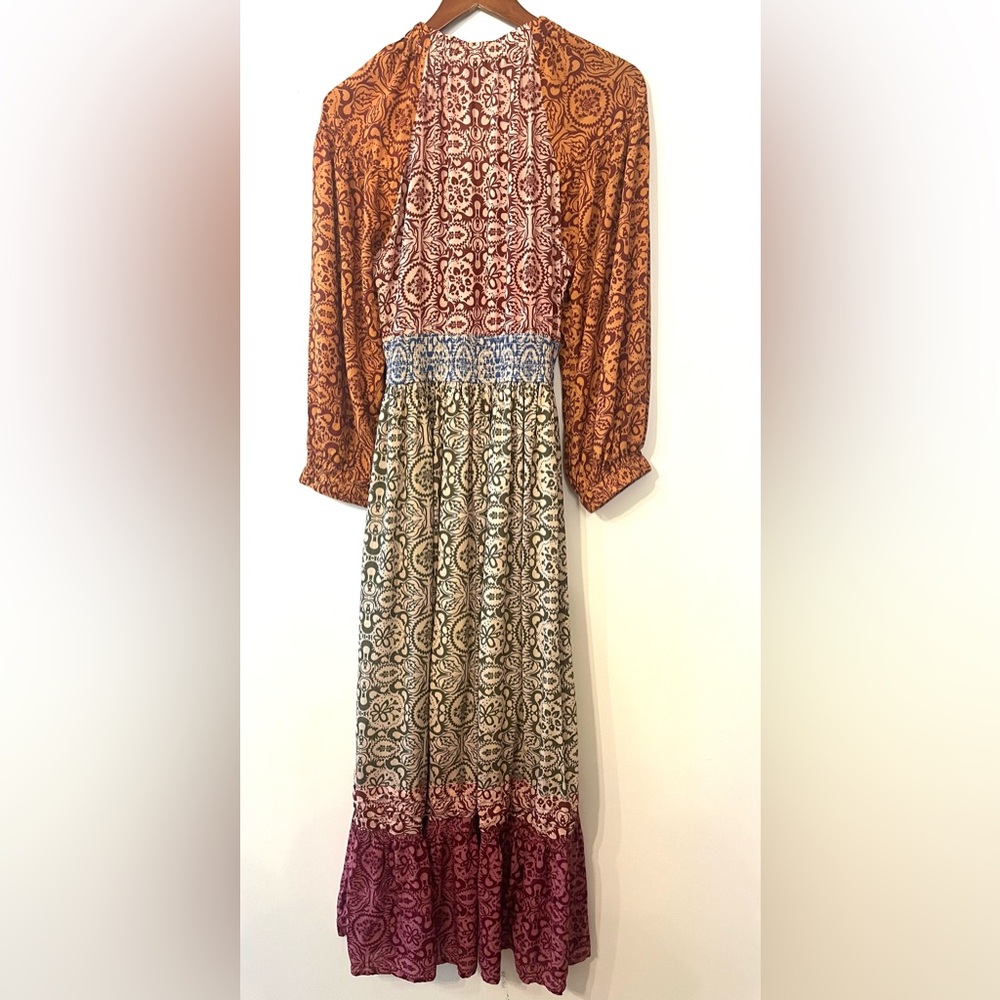Mahila boho mixed print tiered maxi dress v-neck, smocking festival cottagecore - Picture 10 of 11